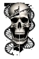 skull face cut in half with DNA double helix tattoo design idea