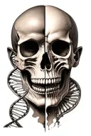 skull face cut in half with DNA double helix tattoo design idea