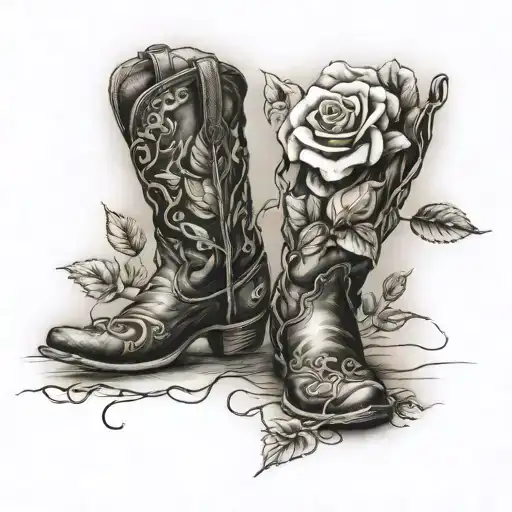 cowboy boots with single stem rose tattoo design idea