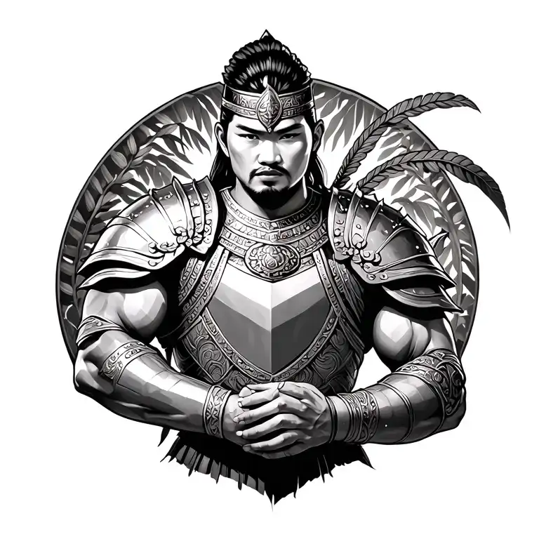 armor clad filipino warrior full body in garden tattoo design idea