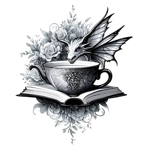 bookish, tea, dragons, fairies tattoo design idea