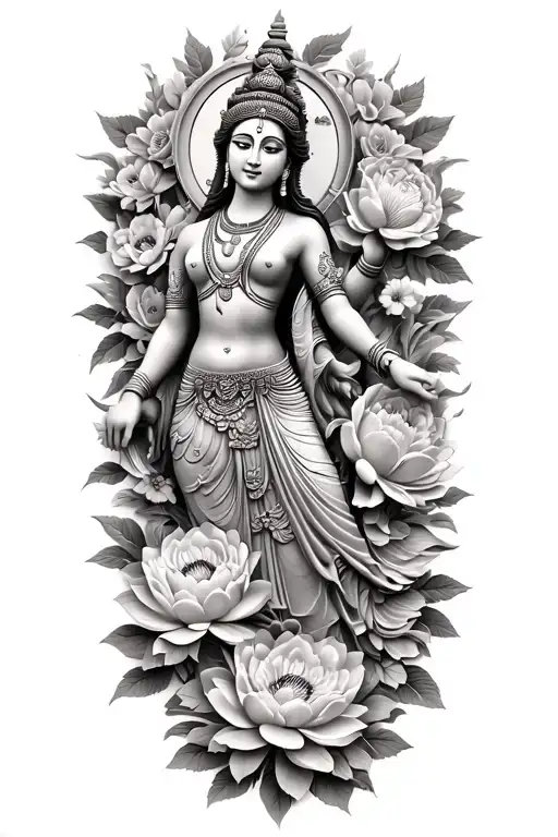 Cambodia apsara surrounded in peonies, roses and lotus flowers tattoo design idea