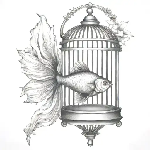goldfish behind bars of bird cage tattoo design idea