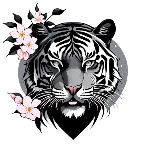 Sun And Moon cherry blossom tiger tribal tattoo design idea