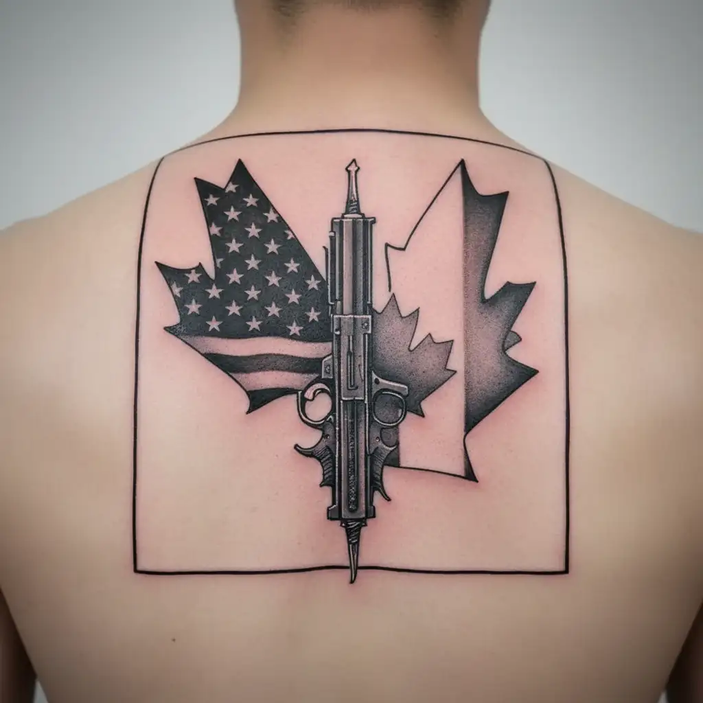 "guns " canada flag and american flag intertwined tattoo design idea