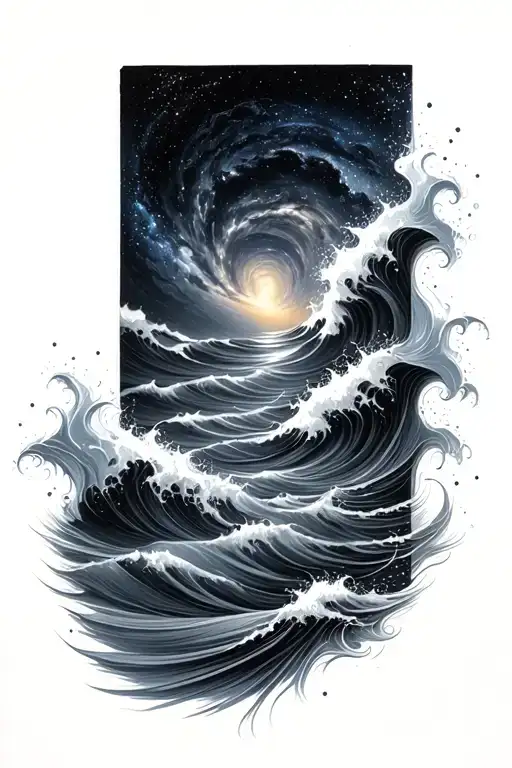 Realistic galaxy morphing into stormy waves, full sleeve in black and grey, dark and fluid vibe tattoo design idea