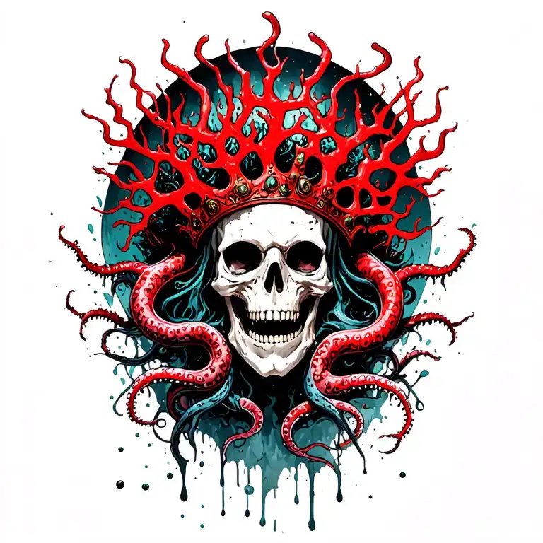 King Of Bones With A Coral Crown, Hades 2 Style, Eldritch, Tentacles, Lovecraftian, Deep Sea background, seaweeds tattoo design idea