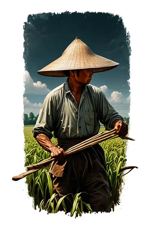 story of the Chinese farmer working in field facing away tattoo design idea