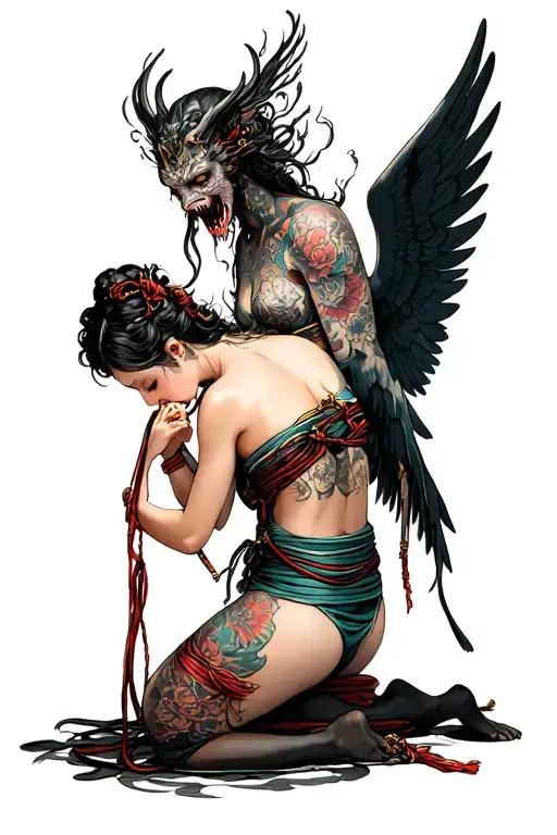 Angel kneeling, tied in shibari bondage with a Master spirit protecting her from a demon tattoo design idea