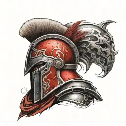 	•	Side-view Spartan warrior looking upwards. 	•	Red plume on the helmet. 	•	Shield with a lambda symbol and some red ac tattoo design idea