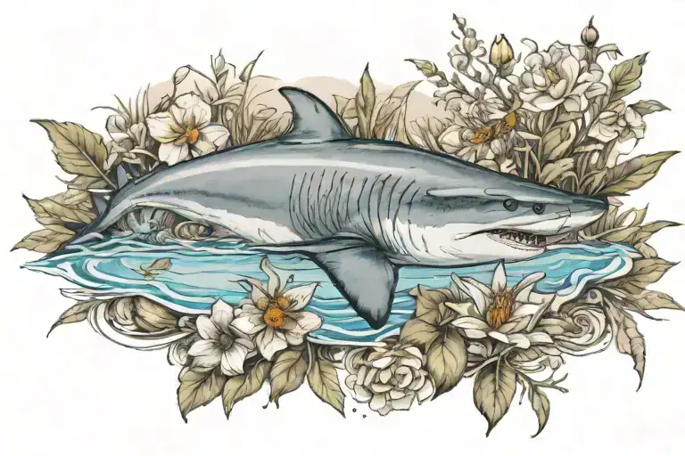 coastline with a tiger shark in the water, an otter on the shoreline opening a shell, and a bumblebee on a flower tattoo design idea