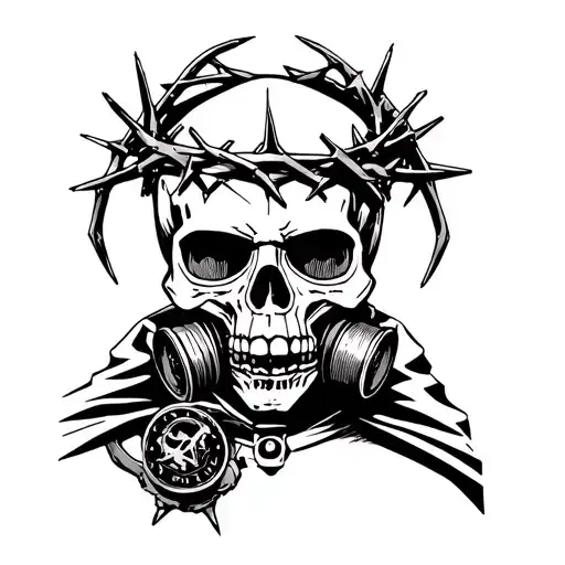 skull with a cape with crown of thorns with gas mask that has some H.R. Griger or (uroborus) symbolic tattoo design idea
