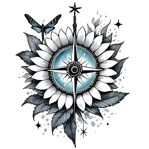 Compass, Dragonflies, and Celestial Botanicals sunflower and sky tattoo design idea