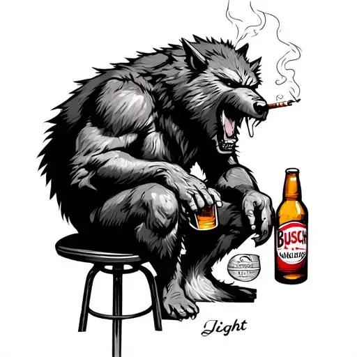 exhausted werewolf smoking cigarette drinking Busch light on a bar stool tattoo design idea