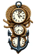 anchor with 3 clocks underneath, rope intertwined. clocks read 11:24, 4:35, 4:39 in Roman numerals. anchor leaning back tattoo design idea