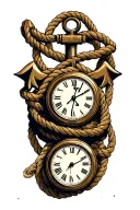 anchor with 3 clocks underneath, rope intertwined. clocks read 11:24, 4:35, 4:39 in Roman numerals. anchor leaning back tattoo design idea