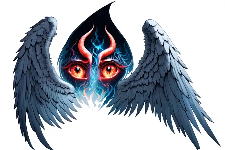 create the dark fantasy upper back tattoo design showing angel wings that form devil eyes in full color. tattoo design idea