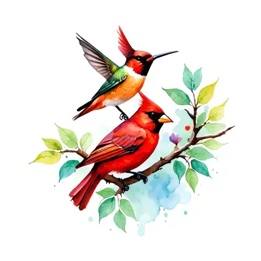 cardinal painted bunting and hummingbird on a branch tattoo design idea