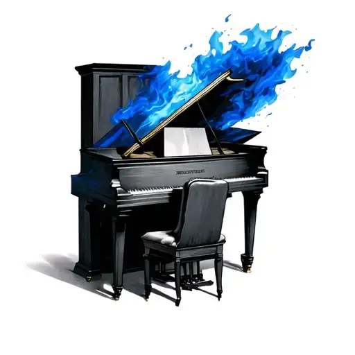 A lonely piano at the center, blue films flicker in a restless head, ears feeling the silent pressure. tattoo design idea