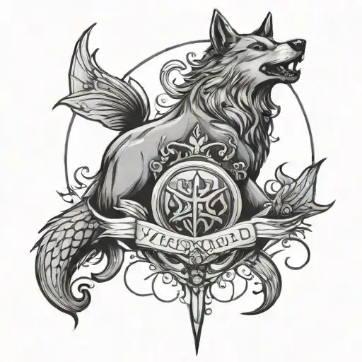 sketch of a tattoo based on the seal of Veles wolf and mermaid tattoo design idea