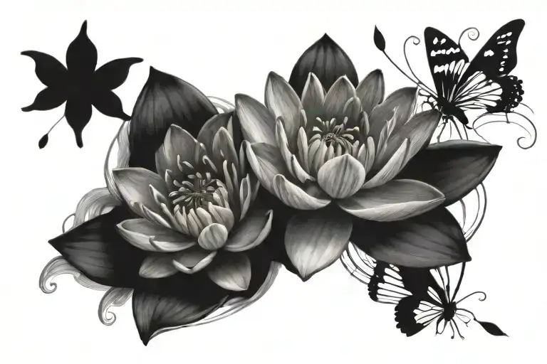 1 water lily between 2 rose flowers with butterflies fluttering tattoo design idea