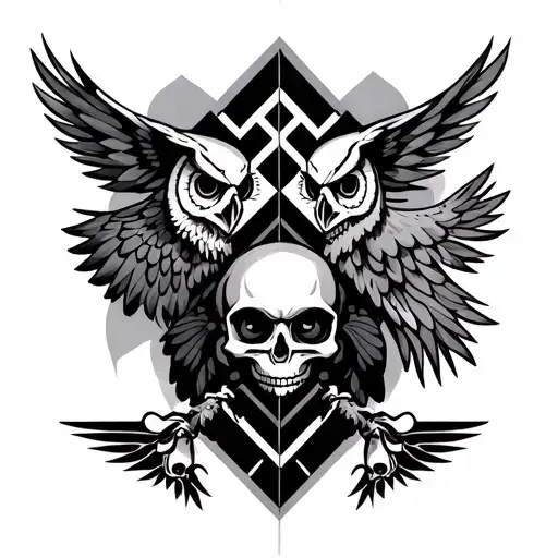 A geometric pattern incorporating Mopar symbols, skulls, and owls in a symmetrical composition, reflecting your love for design and attention to detail tattoo design idea