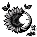 Fine line sunflower with crescent moon that looks like a smile, drawn pinky promise and the words be as you are written tattoo design idea