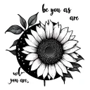 Fine line sunflower with crescent moon that looks like a smile, drawn pinky promise and the words be as you are written tattoo design idea