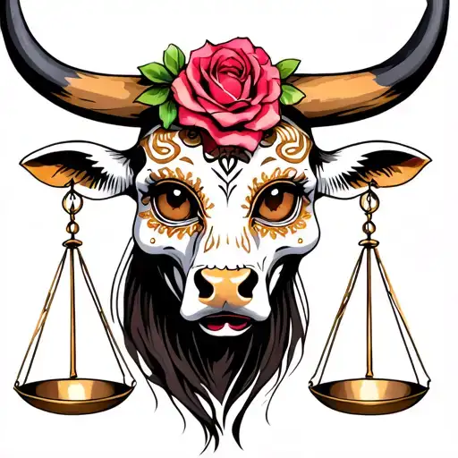feminine bull with sugar skull markings, brown eyes and two Libra scales and dark background tattoo design idea