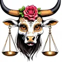 feminine bull with sugar skull markings, brown eyes and two Libra scales and dark background tattoo design idea