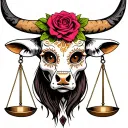 feminine bull with sugar skull markings, brown eyes and two Libra scales and dark background tattoo design idea