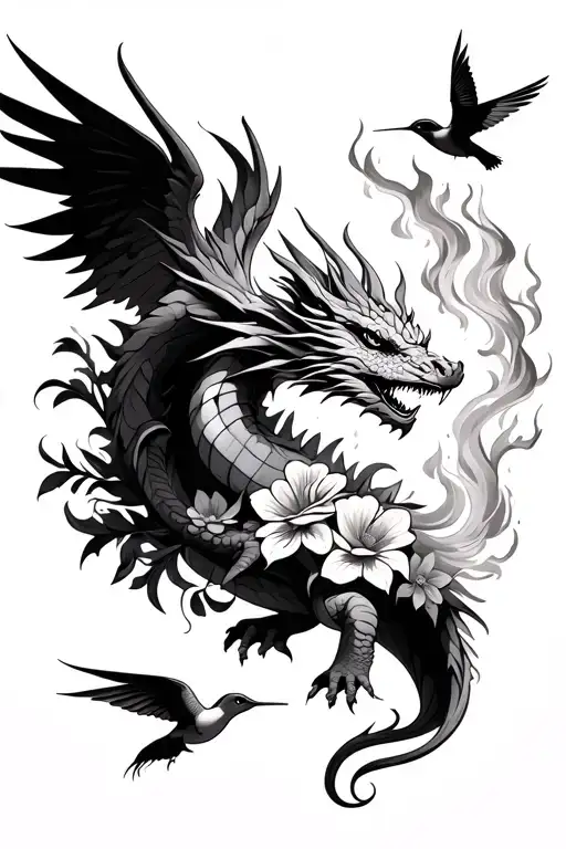 a dragon wrapped in flowers breathing fire protecting an Angel surrounded by two flying humming birds  tattoo design idea