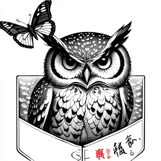 an owl and butterfly coming out of a shirt pocket. the pocket has something written in Chinese. tattoo design idea