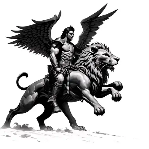 A spartan warrior riding a lion he has an angel wing and the other a Demon wing tattoo design idea