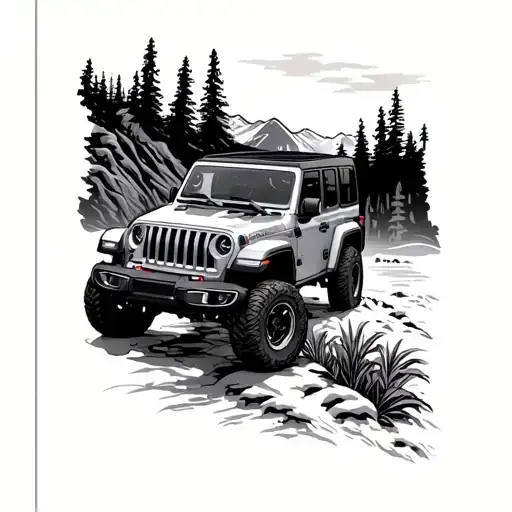 jeep wrangler 4 door in the mountains  tattoo design idea