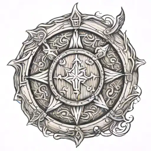 a round viking shield. Made of wood and with an iron rim. in the center is a design of a star in iron.  tattoo design idea