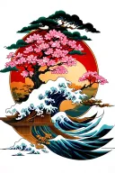 Japanese waves with sakura tree tattoo design idea