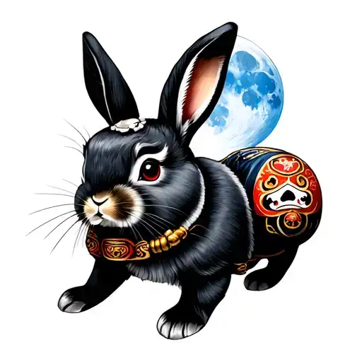 Japanese samurai rabbit with daruma and blue moon tattoo design idea