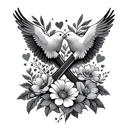 memorial infinity symbol intertwined with flowers and doves and hearts tattoo design idea