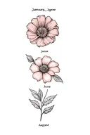 January, June and August birth flower tattoo design idea