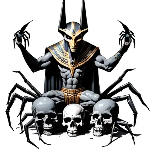 Anubis crushing skulls under his feet with spiders tattoo design idea