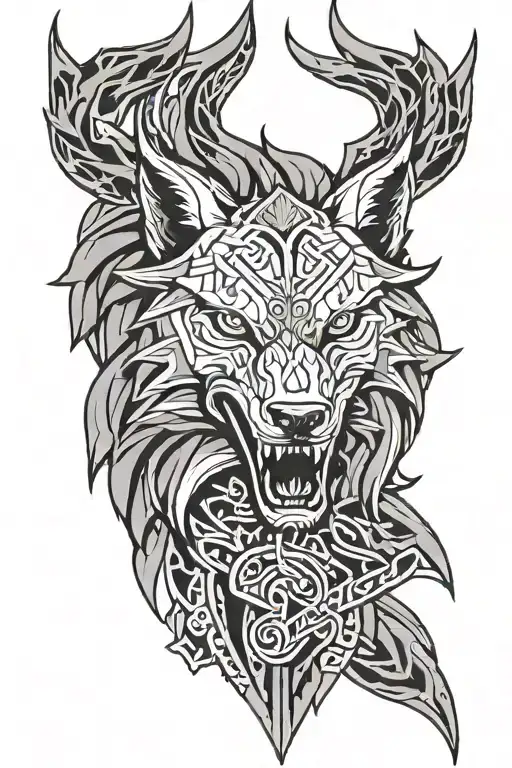 angry fenrir with runes wrapping, nordic, black and grey, with not allot of black tattoo design idea
