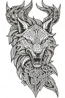 angry fenrir with runes wrapping, nordic, black and grey, with not allot of black tattoo design idea