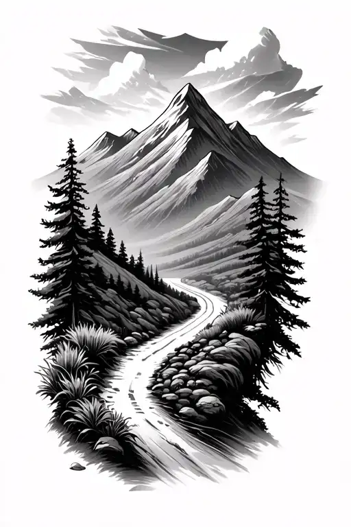  left forearm including a mountain and a winding road with some vegetation on the sides tattoo design idea