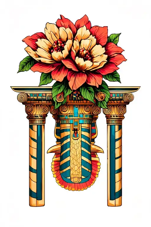 Egyptian pillar topped with huge flowers pomegranate tattoo design idea