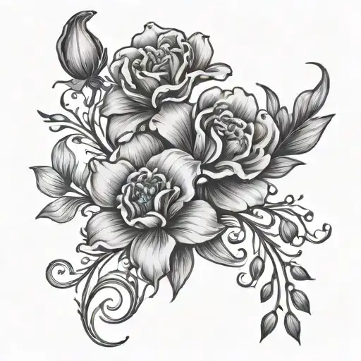 carnation, violet, iris, snowdrop flower intertwined tattoo design idea