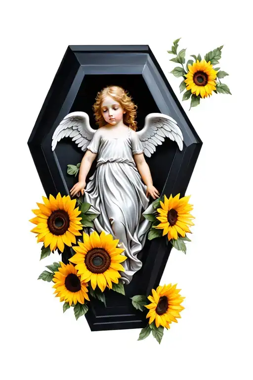 a black coffin adorned with a cherub angel lined with silver silk. surrounded by boquets of sunflowers.  tattoo design idea