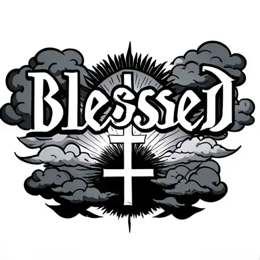 forearm with the word's blessed clouds and cross for one of the letter l shining sun  tattoo design idea
