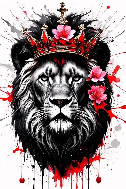 CROWNED LION HEAD WITH CHERRY BLOSSOM AND WATERCOLOR PAINT tattoo design idea