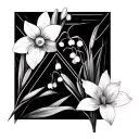 four minimalist triangles one with a daffodil one with lily of the valley one with Astor one with Marigold tattoo design idea